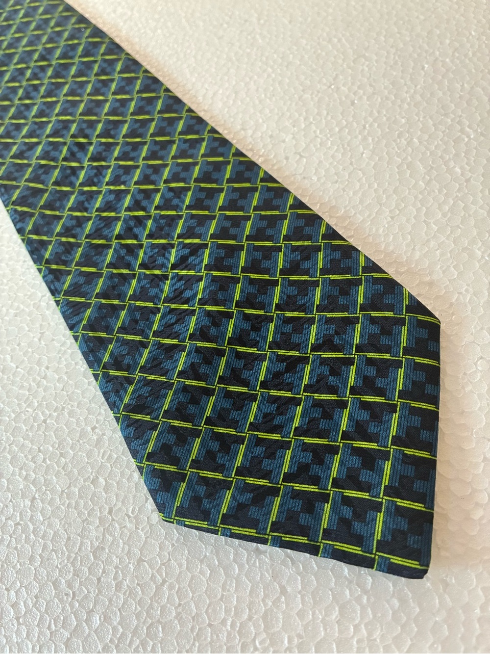 Conte di Milano 100% Silk Navy Tie with Bright Lime Geometric Grid
